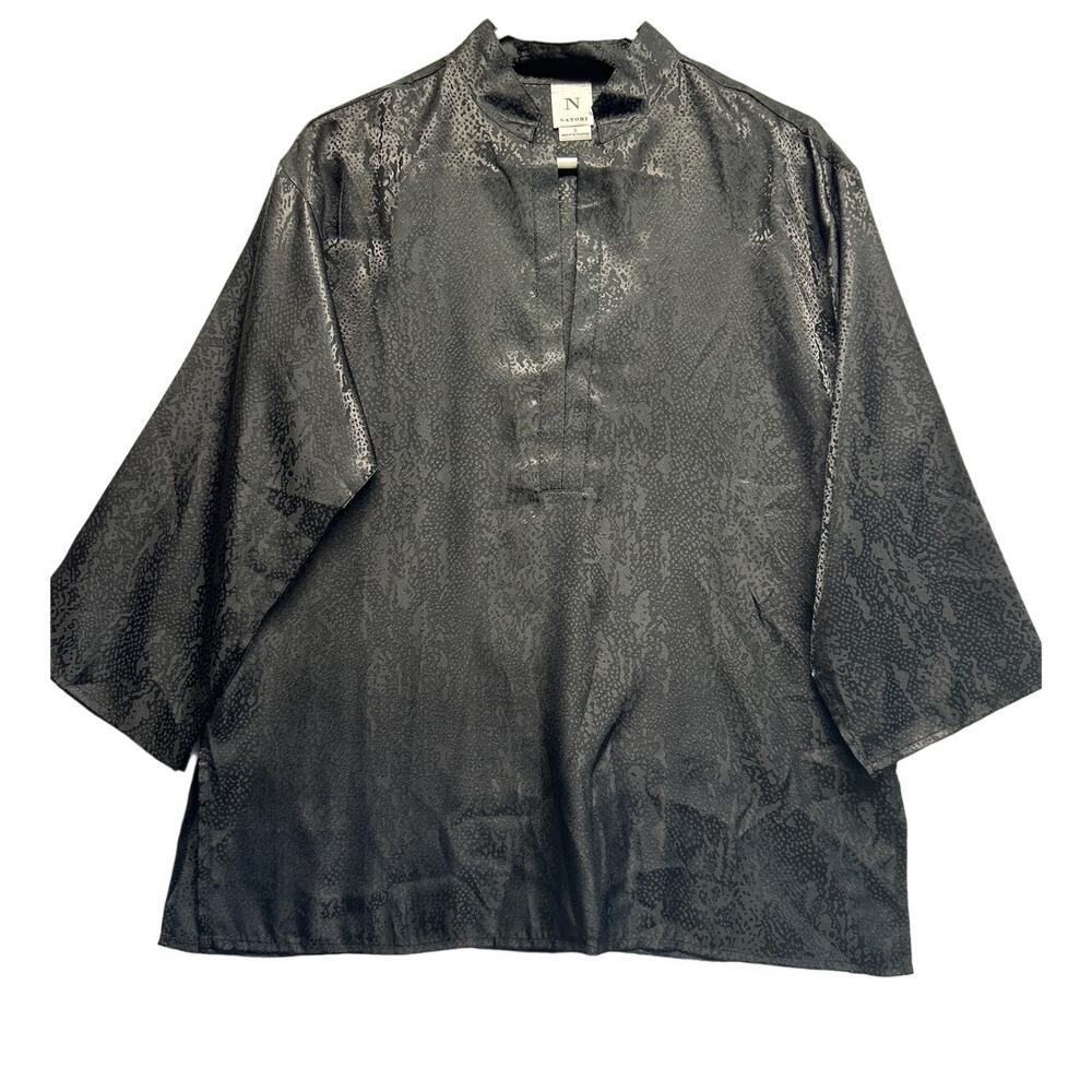Natori Women Blouse‎ Silky Black V Neck 3/4 Sleeves Size Small Holidays